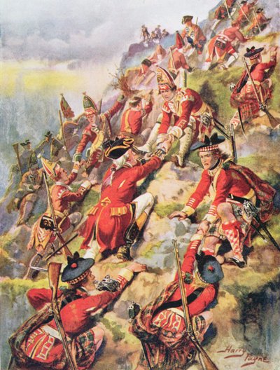 Scaling the Heights of Abraham, kuvitus julkaisusta "Glorious Battles of English History", majuri C.H. Wylly, 1920-luku tekijältä Henry A. Payne