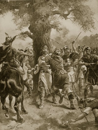 Tanskalaisten surmaama St. Edmund, 870 jKr, kuvitus "Hutchinsonin tarinasta brittiläisestä kansasta", n. 1920 tekijältä Henry A. Payne