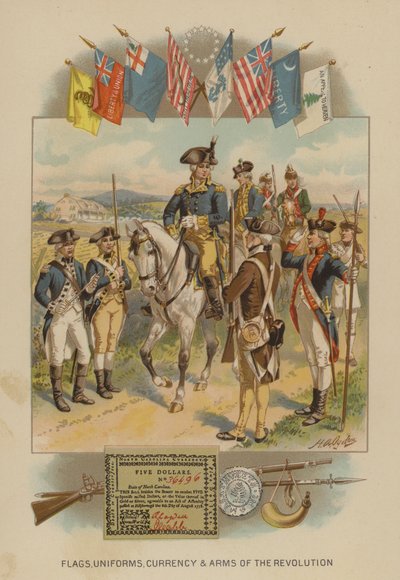 Amerikan vallankumouksen (chromolitho) liput, univormut, valuutta ja aseet tekijältä Henry Alexander (after) Ogden