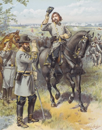 Kenraali Pickett ottaa hyökkäyskäskyn kenraali Longstreetiltä, Gettysburgin taistelu, 3. heinäkuuta 1863 (värilitho) tekijältä Henry Alexander (after) Ogden