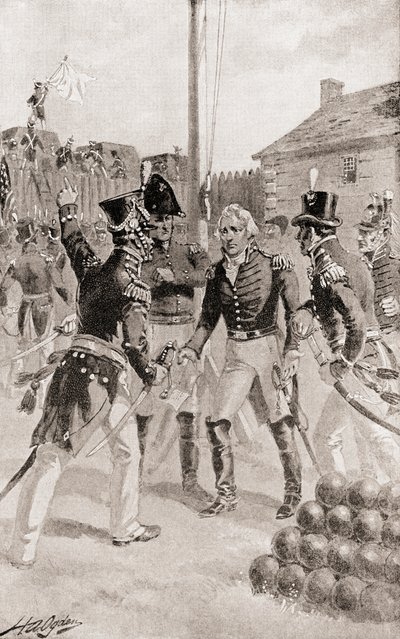 Prikaatikenraali William Hull luovuttaa Detroitin linnoituksen ja kaupungin Michiganissa Amerikassa Detroitin piirityksen aikana, kirjasta The History of Our Country, julkaistu 1905 tekijältä Henry Alexander Ogden