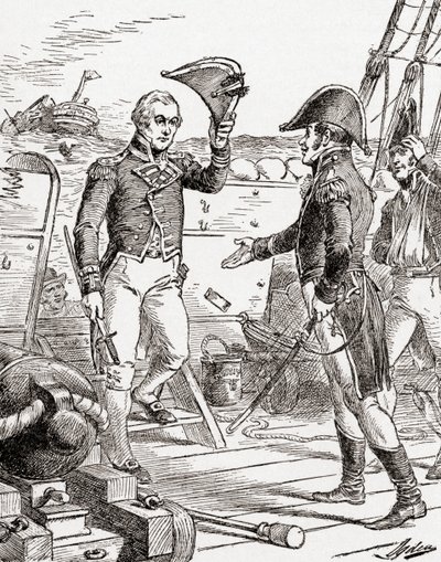 Kapteeni Dacres HMS Guerrieresta antautuu ja tarjoaa miekkansa kapteeni Hullille USS Constitutionin laivalla hänen tappionsa vuoden 1812 sodan aikana, kirjasta The History of Our Country, julkaistu 19. tekijältä Henry Alexander Ogden