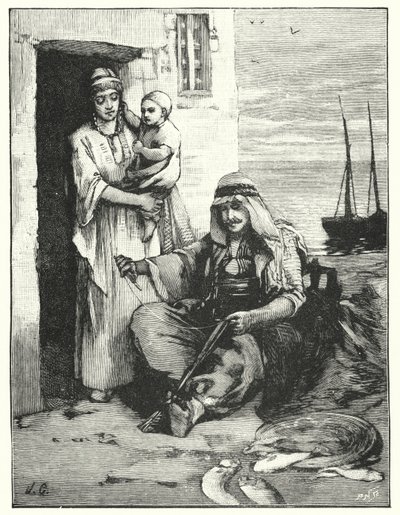 Kalastaja korjaa verkkojaan, Tiberiaksen meri (litho) tekijältä Henry Andrew Harper