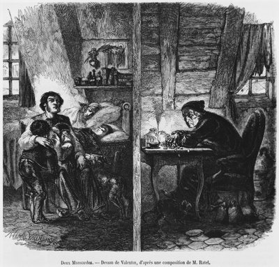 Kaksi kattohuonetta, kuvitus "Le Magasin Pittoresquesta", Pariisi, 1855 tekijältä Henry Augustin Valentin