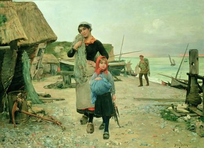 Fisherfolk palaa verkkoineen, Etretat tekijältä Henry Bacon