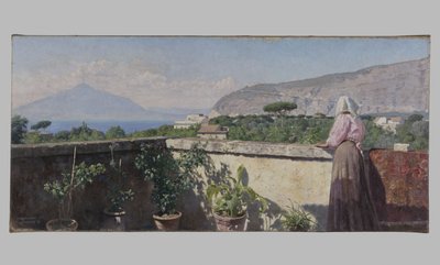 Frau auf der Terrasse des Cocumella Hotels. Blick auf den Vesuv von Henry Brokman-Knudsen