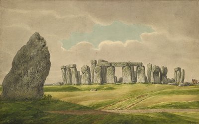 Stonehenge pohjoisesta, rauniot ja kantakivi kärryineen, hevonen, henkilö, 1824-1839 tekijältä Henry Browne
