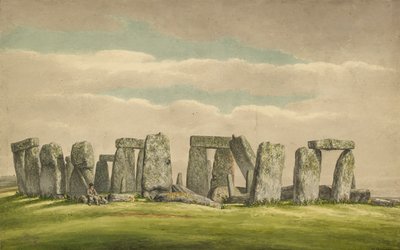 Stonehenge pohjoisesta, näyttää rauniot miehen ja koiran kanssa, 1824-1839 tekijältä Henry Browne