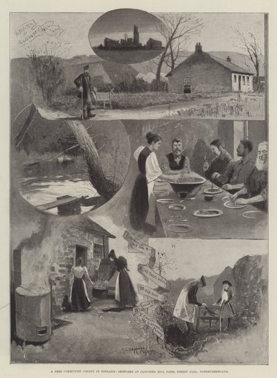 Vapaa kommunistinen siirtokunta Englannissa, luonnoksia Clousden Hillin maatilalla, Forest Hallissa, Northumberlandissa. tekijältä Henry Charles Seppings Wright
