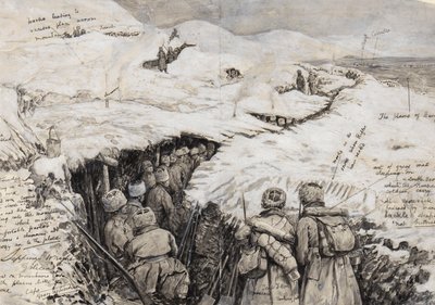 Galicia, Venäjän joukot lumipeitteisillä kukkuloilla, 13. maaliskuuta 1916 (muste & guassi paperilla) tekijältä Henry Charles Seppings Wright