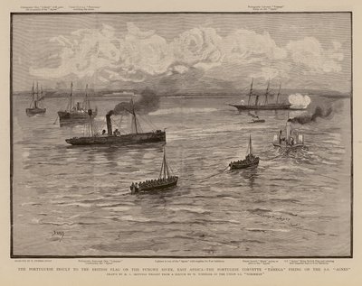 Portugalilainen korvette Tamega tulittaa SS Agnesia, Pungwe-joki, Itä-Afrikka (kaiverrus). tekijältä Henry Charles Seppings Wright