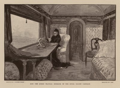 Kuningatar Victoria kuninkaallisessa salongissa junavaunussa (kaiverrus) tekijältä Henry Charles Seppings Wright