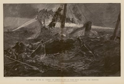 Hukkuvien pelastaminen SS Utopian haaksirikossa Gibraltarilla (kaiverrus). tekijältä Henry Charles Seppings Wright