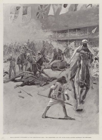 Royal Military Tournament Agricultural Hallissa, Carabineers ja New South Wales Lancers hajottavat dervishejä tekijältä Henry Charles Seppings Wright
