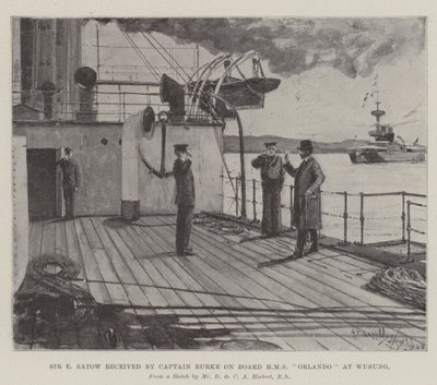 Kapteeni Burke vastaanotti Sir E Satowin HMS Orlandon aluksella Wusungissa. tekijältä Henry Charles Seppings Wright