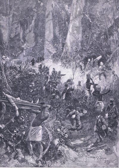 Ashantin sota 1900: Taistelu metsässä, kuva Cassellsin Englannin historiasta, 1900-luku tekijältä Henry Charles Seppings Wright