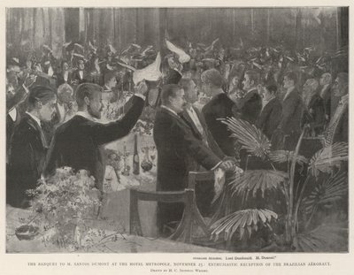 Juhla M Santos Dumontille Hotel Metropolessa, 25. marraskuuta, brasilialaisen aeronautin innostunut vastaanotto tekijältä Henry Charles Seppings Wright
