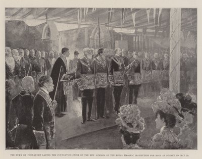 Duke of Connaught laskemassa peruskiven kuninkaallisen vapaamuurarien poikien instituutin uusille kouluille Busheyssa 12. toukokuuta tekijältä Henry Charles Seppings Wright