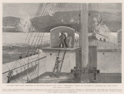 Ensimmäiset laukaukset laivalla Etelä-Afrikan sodassa, HMS Partridge ampui boereja Saldanhan lahdella, Cape Colonyssa tekijältä Henry Charles Seppings Wright