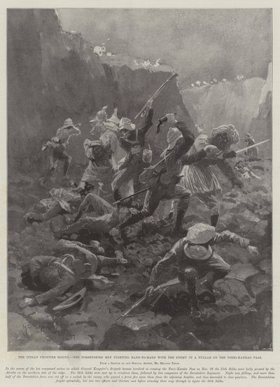 Intian raja nousemassa, Dorsetshiren miehet taistelevat käsistä vihollisen kanssa Nullahissa Tseri-Kandaon solalla tekijältä Henry Charles Seppings Wright