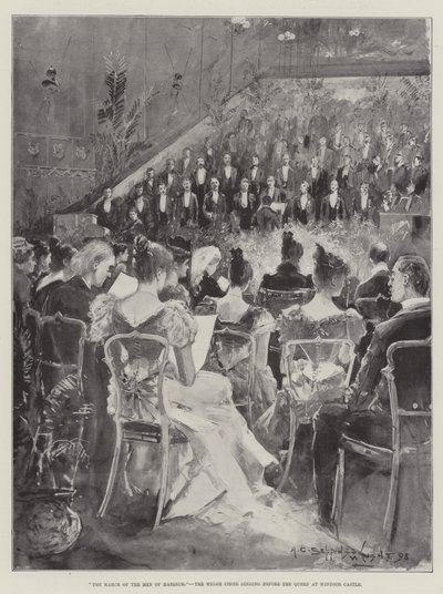 Harlechin miesten marssi, Walesin kuoro laulaa kuningattaren edessä Windsorin linnassa tekijältä Henry Charles Seppings Wright