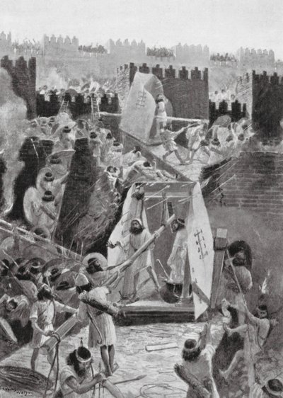 Persialaiset hyökkäävät Babylonin linnoitukseen (litografia). tekijältä Henry Charles Seppings Wright