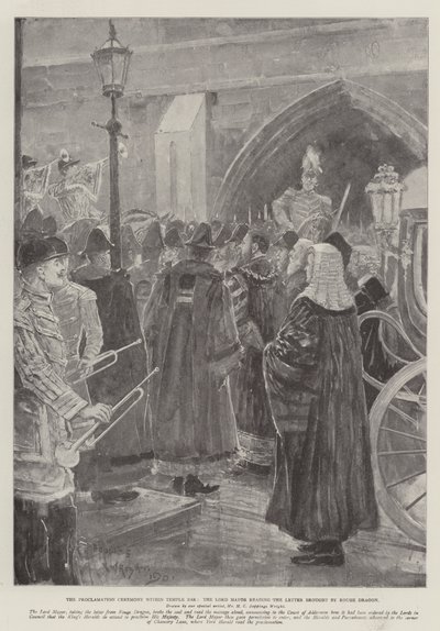 Julistusseremonia Temple Barissa, kun pormestari lukee Rouge Dragonin tuoman kirjeen. tekijältä Henry Charles Seppings Wright