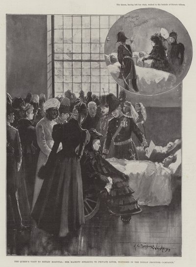 Kuningattaren vierailu Netleyn sairaalassa, hänen majesteettinsa puhumassa yksityiselle Leverille, haavoittunut Intian rajakampanjassa tekijältä Henry Charles Seppings Wright