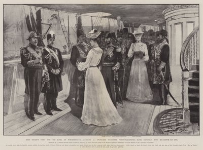Shahien vierailu kuninkaan luo Portsmouthissa 20. elokuuta, prinsessa Victoria valokuvaamassa kuningas Edwardia ja Muzaffir-ed-Dinia tekijältä Henry Charles Seppings Wright