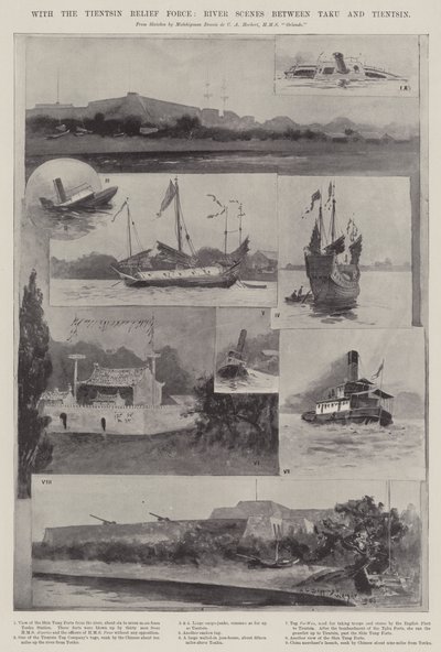 Tientsinin avustusjoukkojen kanssa River Scenes Takun ja Tientsinin välillä tekijältä Henry Charles Seppings Wright