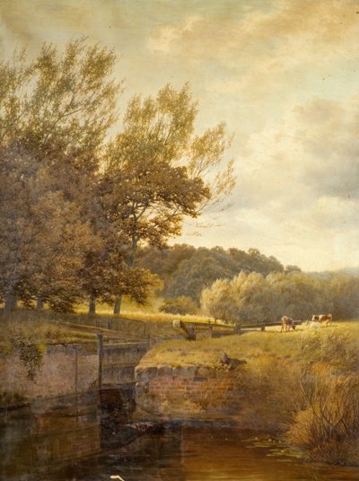 Metsäinen maisema, jossa poika kalastaa lukossa, 1931. tekijältä Henry Cheadle