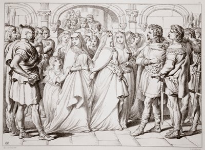 Alftruda tunnistaa Herewardin, kuvituksen Hereward the Greatista, Charles Kingsley, pubi. 1870, kaiverrus C.G. Lewis (teräslevykaiverrus) tekijältä Henry Courtney Selous