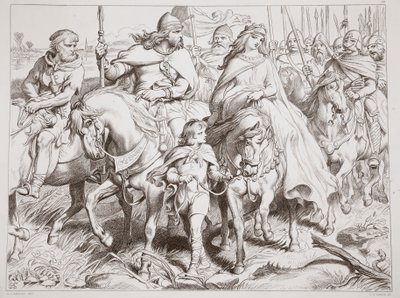 Hereward vartioi Alftrudaa turvaan, kuvitus Charles Kingsleyn teoksesta Hereward the Great, pub. 1870, kaiverrettu C.G. Lewisin toimesta (teräslevykaiverrus). tekijältä Henry Courtney Selous