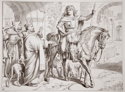 Hereward ilmoittaa setälleen Priorille, että hänet julistetaan lain ulkopuolelle. Esimerkki Charles Kingsleyn pubista Hereward the Great. 1870, kaiverrus C.G. Lewis (teräslevykaiverrus) tekijältä Henry Courtney Selous