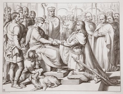 Kuinka Hereward tuli kuninkaan luo, Charles Kingsleyn kuvitus Hereward Suuresta, pubi. 1870, kaiverrus C.G. Lewis (teräslevykaiverrus) tekijältä Henry Courtney Selous