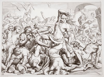 Kuinka Hereward puhdisti Bournen ranskalaisista, kuvitus Charles Kingsleyn teoksesta Hereward the Great, julkaisu. 1870, kaiverrettu C.G. Lewisin toimesta (teräslevykaiverrus). tekijältä Henry Courtney Selous