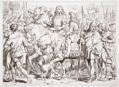 Kuinka Hereward astuu pyhitettyyn St. Bertinin linnoitukseen, kuvitus Charles Kingsleyn Hereward Suuresta, pubi. 1870, kaiverrus C.G. Lewis (teräslevykaiverrus) tekijältä Henry Courtney Selous