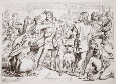 Kuinka Hereward tappoi karhun, kuvitus Charles Kingsleyn Hereward the Great -kirjasta, pubi. 1870, kaiverrus C.G. Lewis (teräslevykaiverrus) tekijältä Henry Courtney Selous