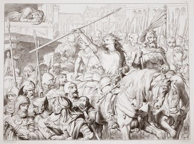 Kuinka Hereward kääntyi Berserkeriksi, Charles Kingsleyn kuvitus Hereward Suuresta, pub. 1870, kaiverrus C.G. Lewis (teräslevykaiverrus) tekijältä Henry Courtney Selous