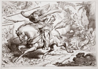 Kuinka Hereward joutui ansaan, Charles Kingsleyn kuvitus Hereward Suuresta, pubi. 1870, kaiverrus C.G. Lewis (teräslevykaiverrus) tekijältä Henry Courtney Selous