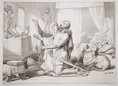 Kuinka Torfrida opettaa Herewardia rukoilemaan, Charles Kingsleyn esimerkki Hereward the Greatista, pub. 1870, kaiverrus C.G. Lewis (teräslevykaiverrus) tekijältä Henry Courtney Selous