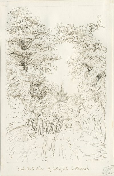 Lichfield Cathedral - Kaakkoisnäkymä (kaukainen): kynäpiirros, nd [19th Century] (piirustus) tekijältä Henry Curzon Allport