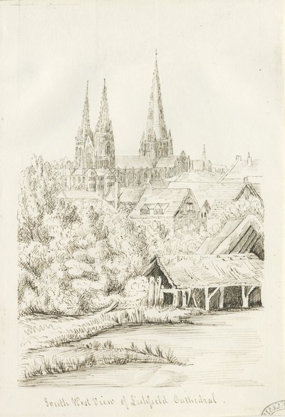 Lichfieldin katedraali - Lounaisnäkymä: kynäpiirros, nd [?1788-1855] (piirustus) tekijältä Henry Curzon Allport