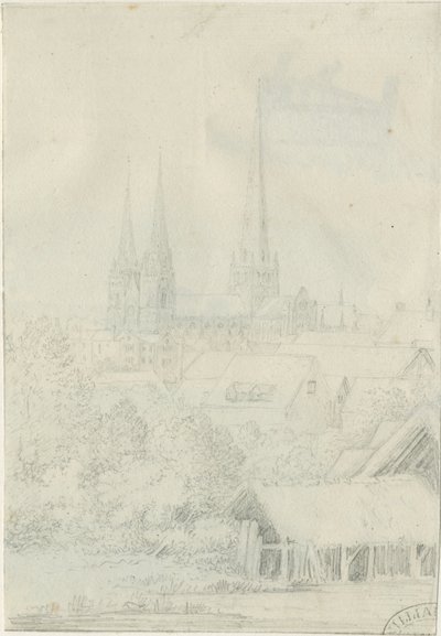 Lichfieldin katedraali - Lounaisnäkymä: lyijykynäpiirros, nd [?1788-1855] (piirustus) tekijältä Henry Curzon Allport