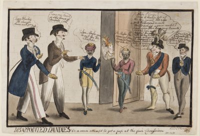 Pettyneet Dandies: Tai turha yritys kurkistaa messuille Circassian, 1819 (kynä, sivellin, muste ja wc paperilla) tekijältä Henry E. O. OConnor
