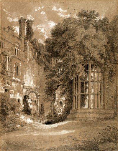 Kenilworth Castle (musta liitu, jossa harmaa pesu, korostettu valkoisella ruskealla paperilla) tekijältä Henry Edridge