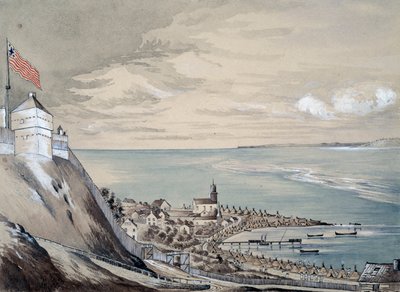 Linnoitus ja Mackinawin kylä, intiaanien leirintäalue, syyskuu 1842 (wc paperilla) tekijältä Henry Francis Ainslie