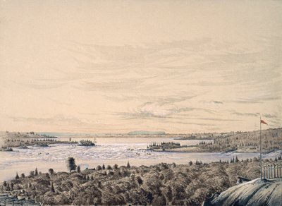Sault de Ste. Marie Huron-järven ja Superiorin välissä, 1842 (wc paperilla) tekijältä Henry Francis Ainslie