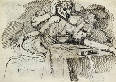 Nainen pyörtymässä kirjoituspöydän ääressä, uhkaava hahmo takana tekijältä Johann Heinrich Füssli