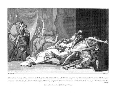 Yritys karkottaa pahoja henkiä, jotka pitävät potilasta San Spiriton sairaalassa Roomassa, 1792 tekijältä Johann Heinrich Füssli